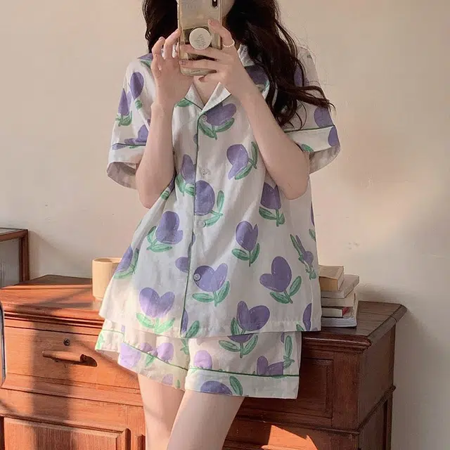 顶瓜瓜 简约舒适亲肤透气时尚短袖短裤家居服睡衣套装 女款