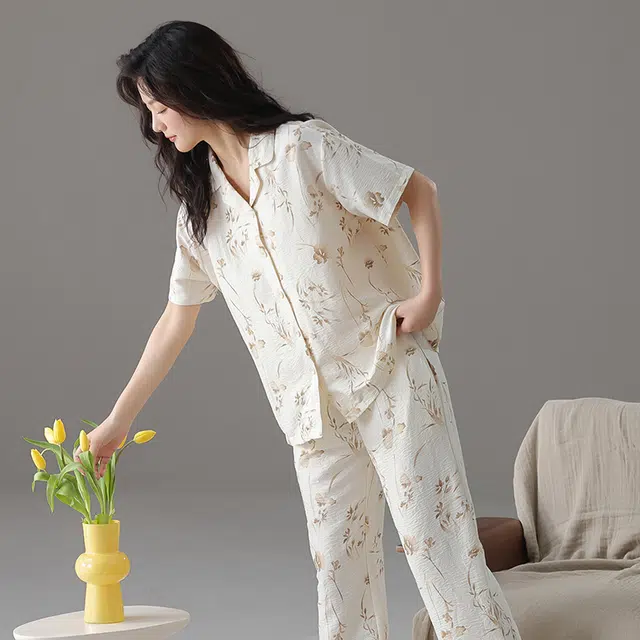 顶瓜瓜 云朵棉短袖长裤开衫水墨花简约两件套家居服夏季 睡衣套装 女款