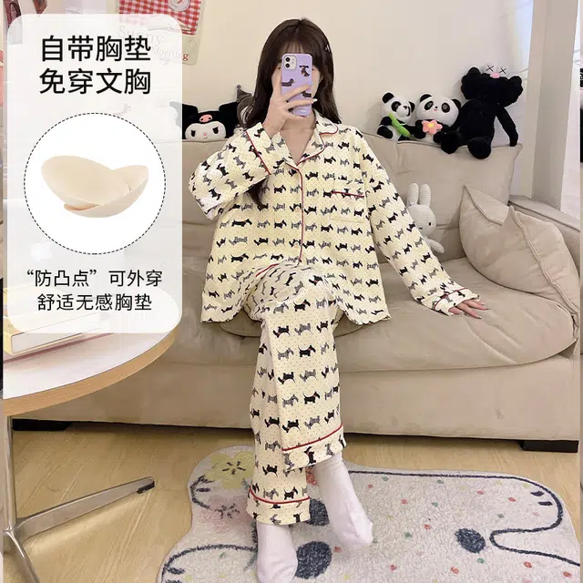 顶瓜瓜 家居简约小狗印花休闲长袖长裤服睡衣套装 女款