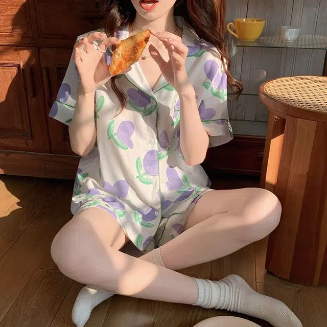 顶瓜瓜 简约舒适亲肤透气时尚短袖短裤家居服睡衣套装 女款