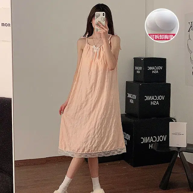 顶瓜瓜 带胸垫可拆卸性感无袖吊带中长裙甜美可爱蝴蝶结蕾丝花边家居服睡裙 女款