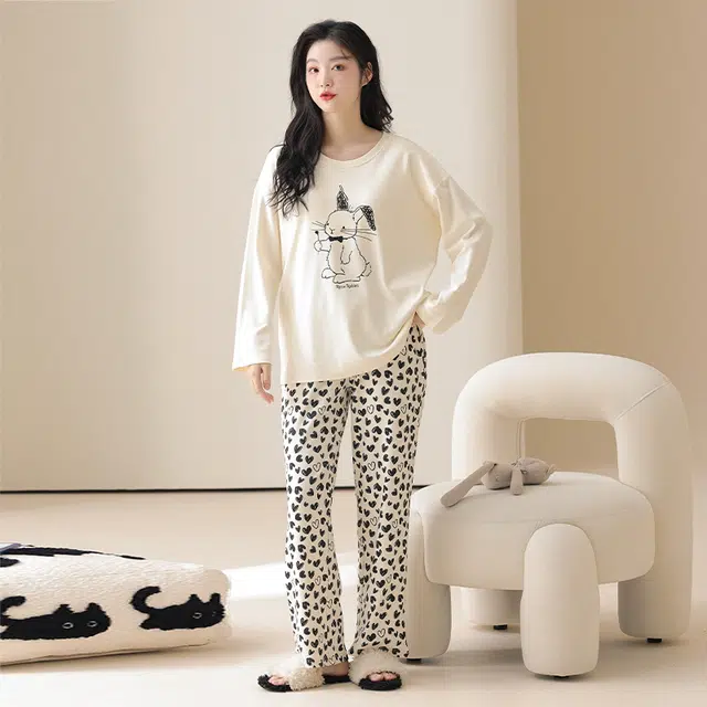 顶瓜瓜 小兔子图案简约舒适纯棉面料可外穿家居服睡衣套装 女款