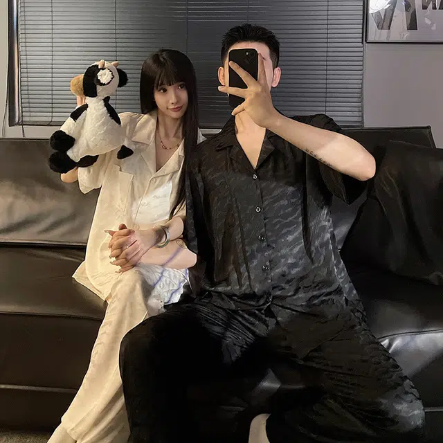 顶瓜瓜 家居简约波浪纹开衫翻领短袖服睡衣礼盒 男女同款