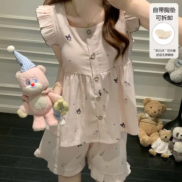 顶瓜瓜 带胸垫夏季女舒适休闲宽松家居服睡衣套装 女款