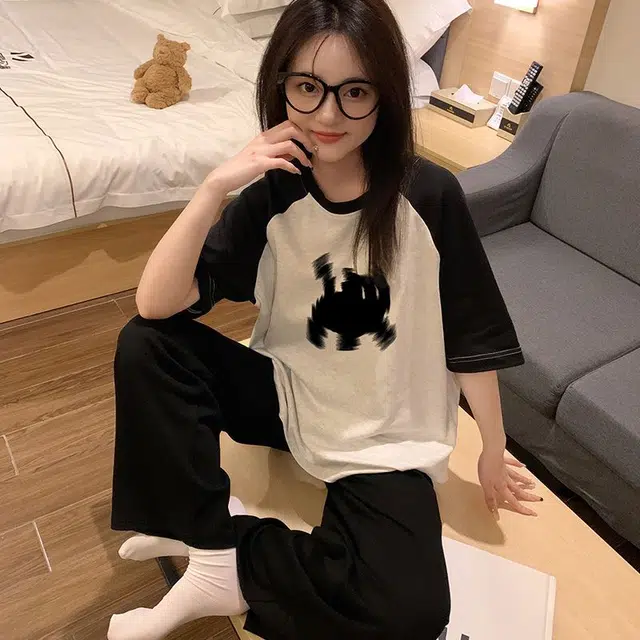 顶瓜瓜 夏季女透气舒适休闲外穿短袖设计家居服睡衣套装 女款