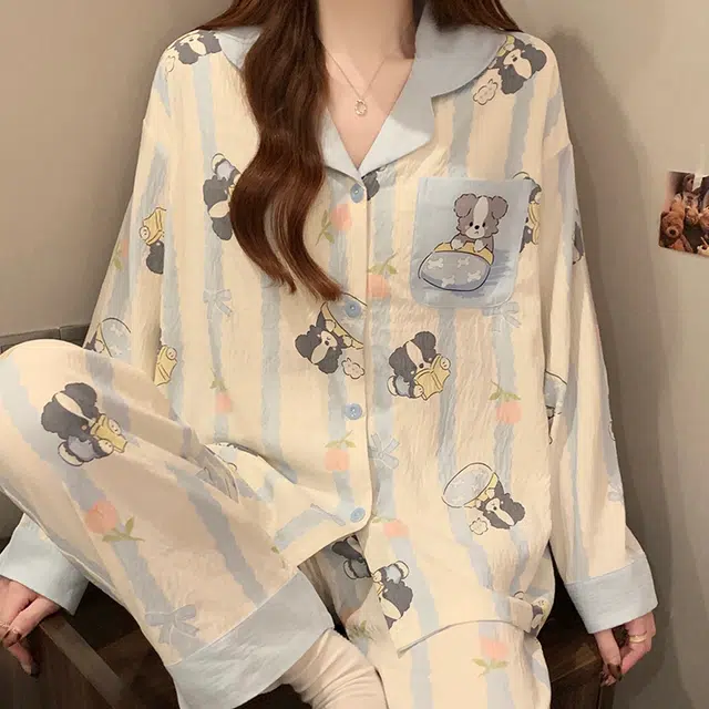 顶瓜瓜 小狗满印翻领带胸垫简约透气亲肤舒适可外穿家居服睡衣套装 女款