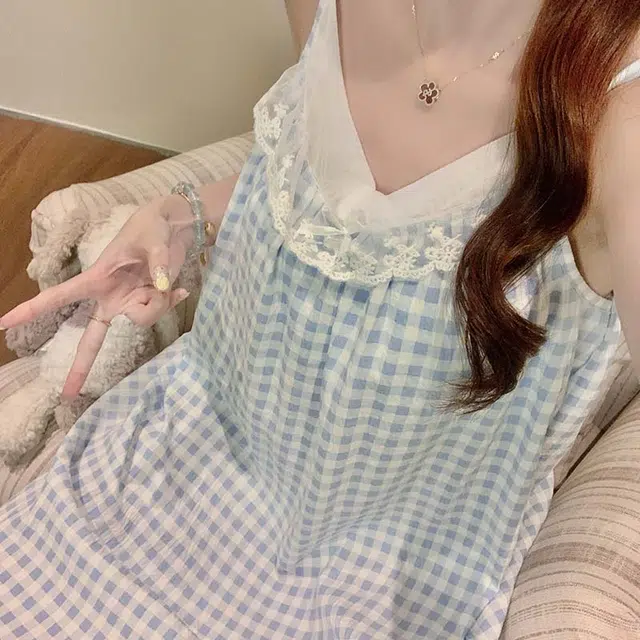 顶瓜瓜 云朵棉带胸垫性感吊带长裙可爱甜美简约格子家居服夏季睡裙 女款