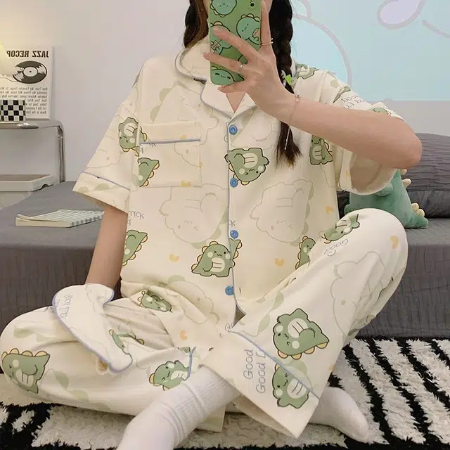 顶瓜瓜 夏季女透气舒适休闲外穿短袖家居服睡衣套装 女款