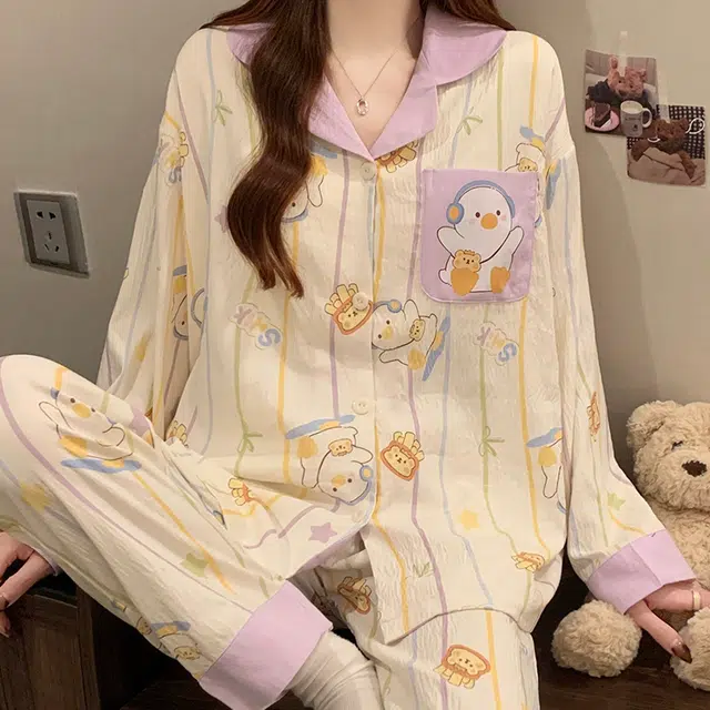 顶瓜瓜 卡通图案翻领带胸垫简约透气亲肤舒适可外穿家居服睡衣套装 女款