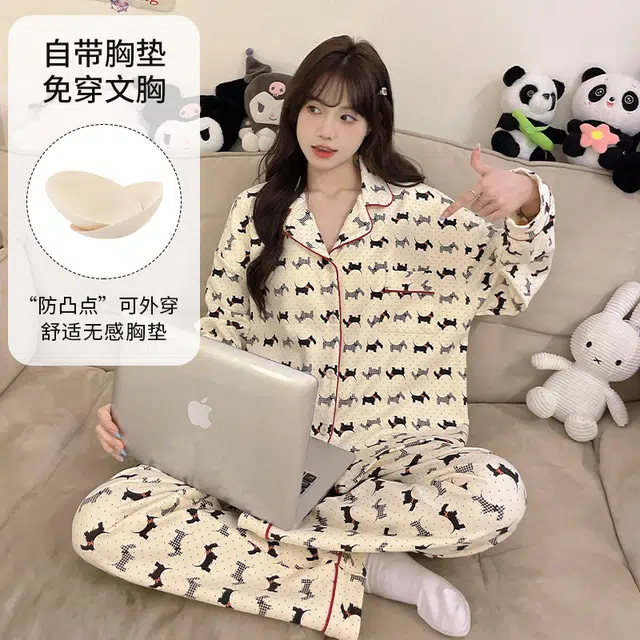 顶瓜瓜 家居简约小狗印花休闲长袖长裤服睡衣套装 女款