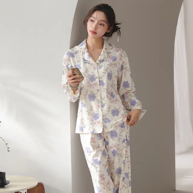 顶瓜瓜 国风长袖长裤休闲甜美舒适花朵家居服睡衣套装 女款