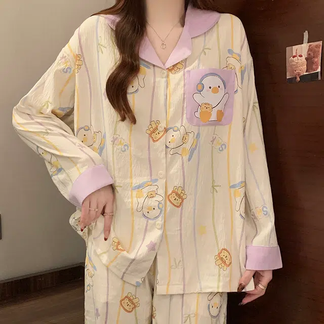 顶瓜瓜 卡通图案翻领带胸垫简约透气亲肤舒适可外穿家居服睡衣套装 女款