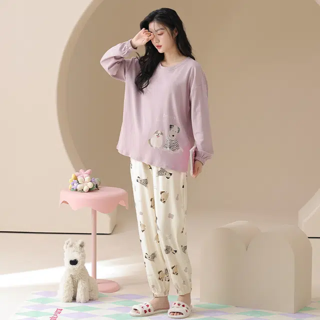 顶瓜瓜 小狗图案带胸垫简约舒适纯棉面料可外穿家居服睡衣套装 女款