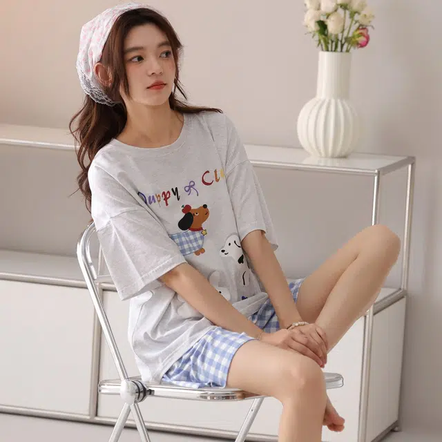 顶瓜瓜 夏季女简约设计舒适亲肤圆领短袖短裤家居服睡衣礼盒 女款