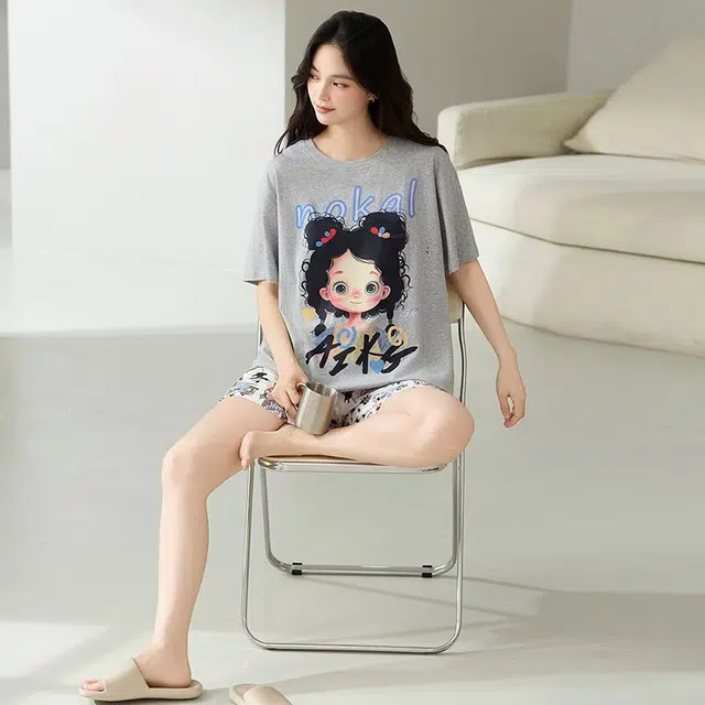 顶瓜瓜 棉质短袖短裤圆领套头可爱卡通女孩家居服夏季睡衣礼盒 女款