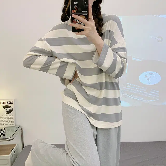 顶瓜瓜 设计简约圆领条纹图案舒适可外穿家居睡衣套装 女款