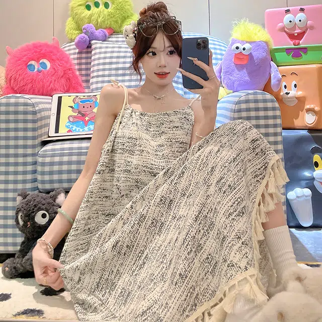 顶瓜瓜 不可拆卸胸垫性感吊带无袖条纹休闲家居服睡裙 女款 图片色