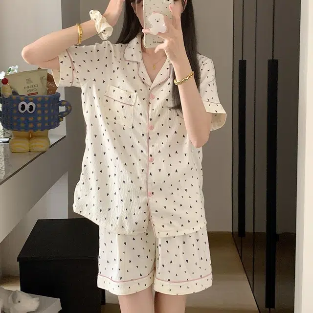 顶瓜瓜 夏季女透气舒适休闲短袖三件套家居服睡衣套装 女款