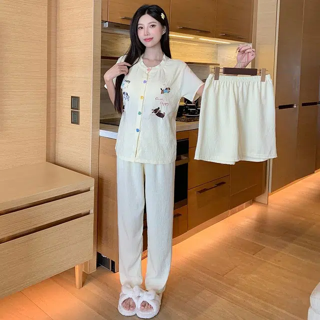 顶瓜瓜 家居女黄小狗印花简约休闲风可外穿短袖三件套服睡衣礼盒 女款