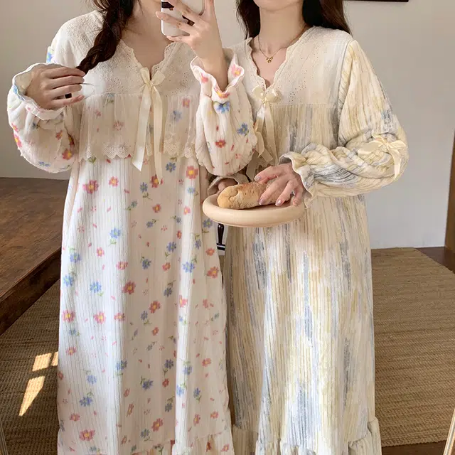 顶瓜瓜 珊瑚绒保暖加绒加厚公主风碎花满印长袖休闲家居服睡裙 女款