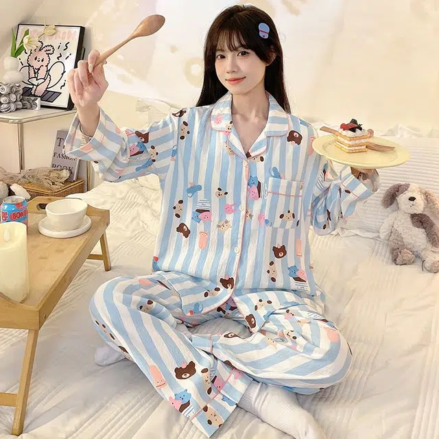 顶瓜瓜 条纹卡通动物翻领简约舒适亲肤透气面料可外穿家居服睡衣套装 女款