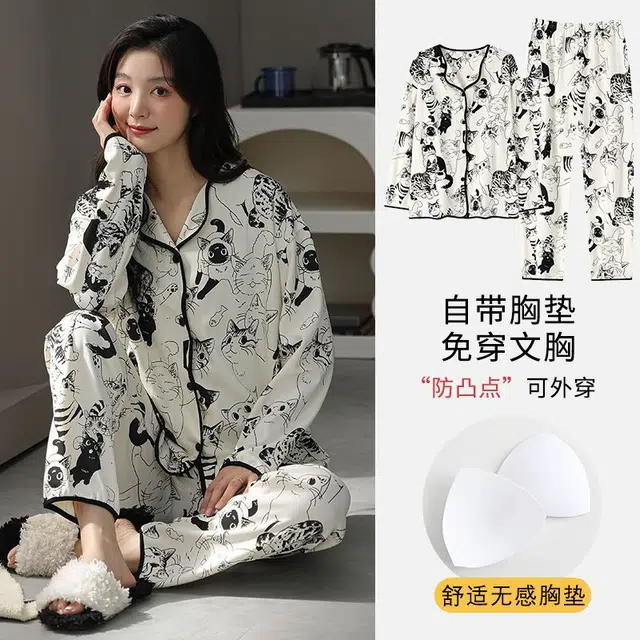 顶瓜瓜 仿棉女长袖长裤带胸垫开衫时尚休闲女家居服睡衣套装 女款