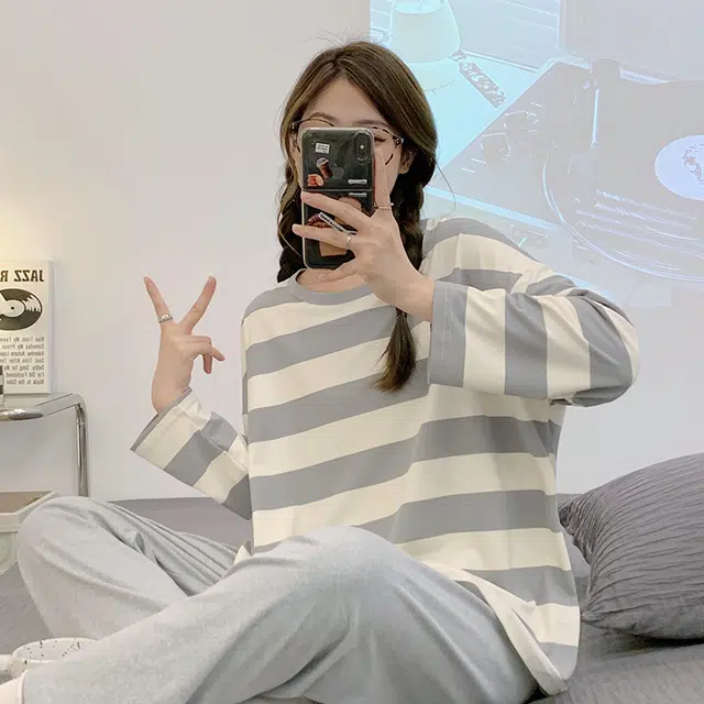 顶瓜瓜 设计简约圆领条纹图案舒适可外穿家居睡衣套装 女款