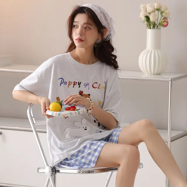 顶瓜瓜 夏季女简约设计舒适亲肤圆领短袖短裤家居服睡衣礼盒 女款