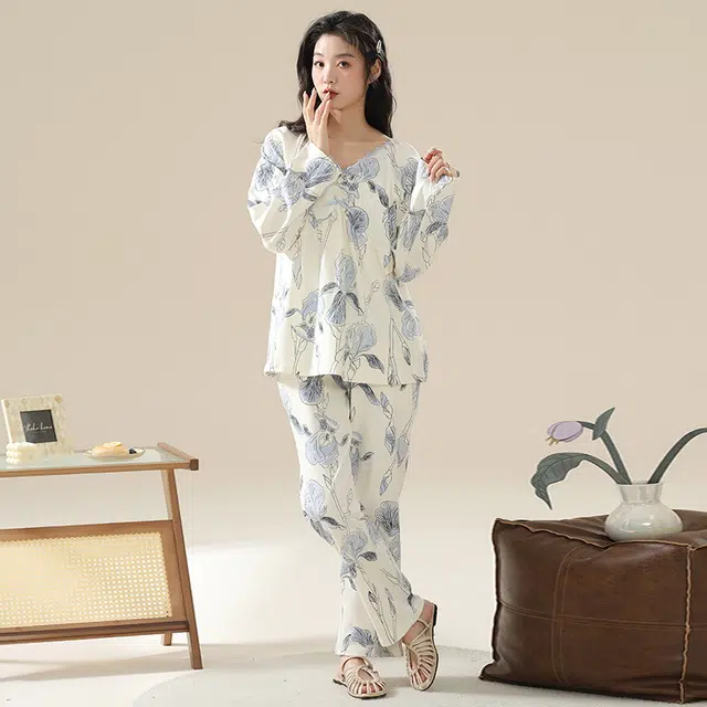 顶瓜瓜 居家女舒适休闲简约风长袖长裤家居服睡衣套装 女款