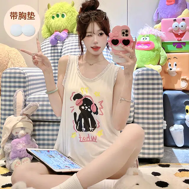 顶瓜瓜 带胸垫无袖上衣短裤泡泡皱圆领套头可爱卡通小狗休闲两件套家居服夏季睡衣套装 女款