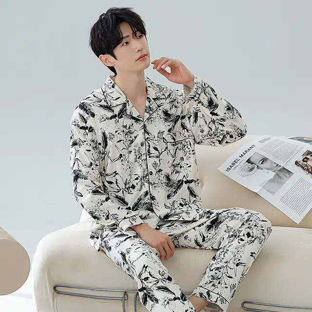 顶瓜瓜 花草满印翻领设计简约舒适可外穿家居服睡衣套装 男款