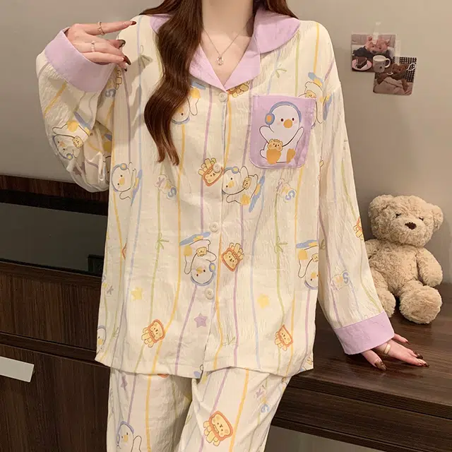 顶瓜瓜 卡通图案翻领带胸垫简约透气亲肤舒适可外穿家居服睡衣套装 女款