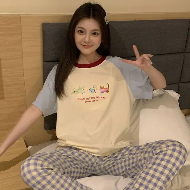 顶瓜瓜 家居轻盈简约小猫印花休闲舒适面料服睡衣礼盒 女款