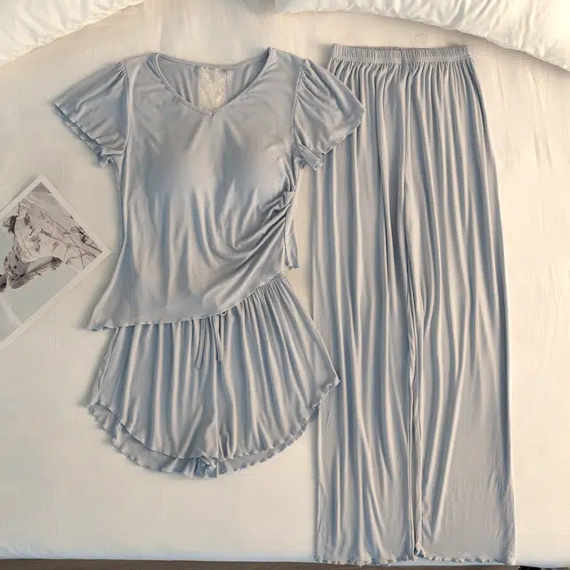 顶瓜瓜 夏季女舒适休闲清新短袖三件套家居服睡衣套装 女款