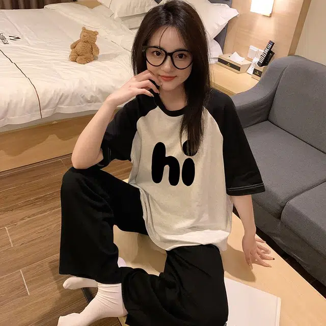 顶瓜瓜 夏季女透气舒适休闲可外穿短袖设计家居服睡衣套装 女款