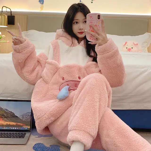 顶瓜瓜 珊瑚绒保暖加绒加厚长袖长裤连帽可爱甜美猪猪家居服冬季睡衣套装 女款