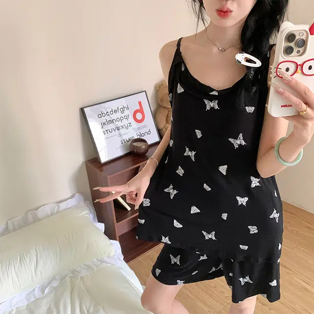顶瓜瓜 莫代尔带胸垫性感吊带短裤可爱甜美纯色蝴蝶两件套家居服夏季睡衣套装 女款