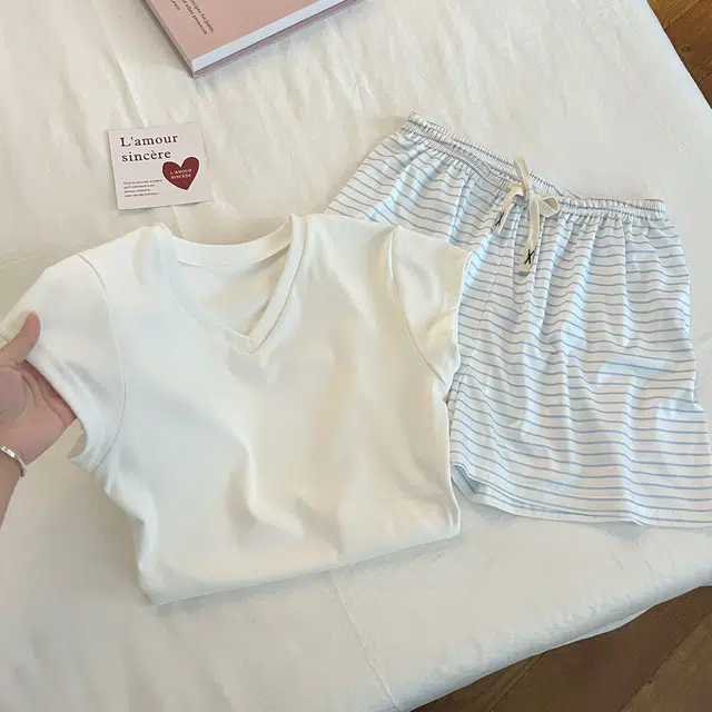 顶瓜瓜 夏季女透气简约休闲设计亲肤舒适面料宽松家居服睡衣套装 女款