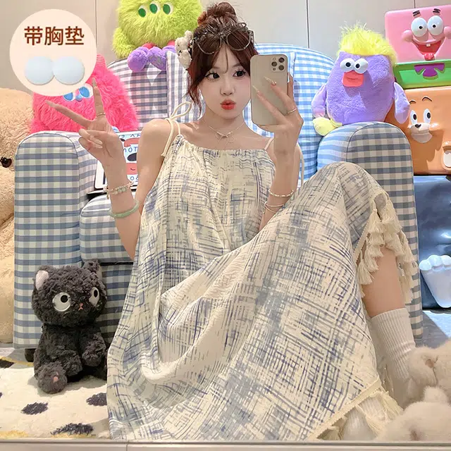 顶瓜瓜 不可拆卸胸垫性感吊带无袖渐变条纹休闲家居服睡裙 女款 图片色