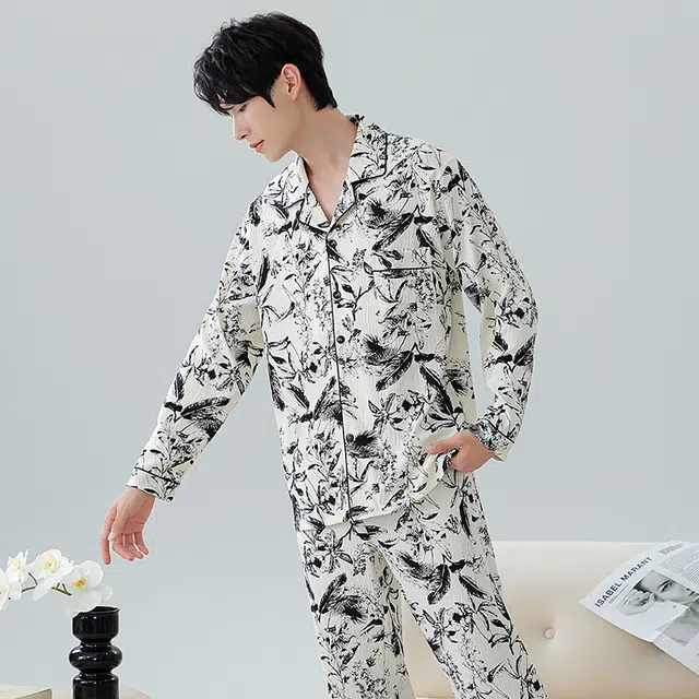 顶瓜瓜 花草满印翻领设计简约舒适可外穿家居服睡衣套装 男款