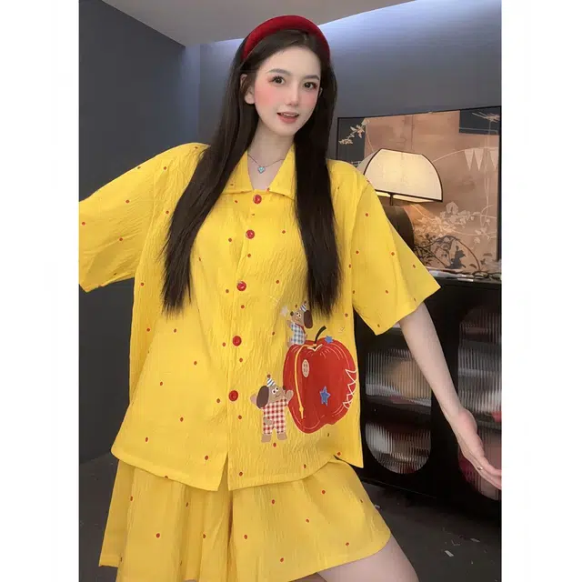 顶瓜瓜 透气舒适简约设计可爱卡通苹果家居服睡衣套装 女款