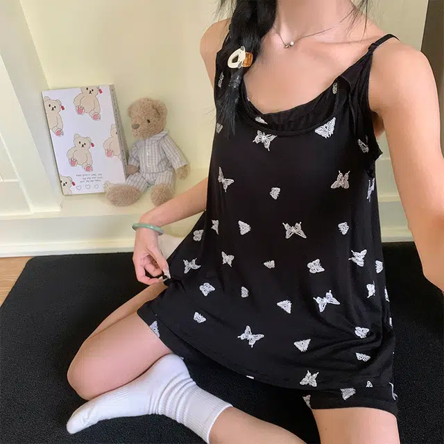 顶瓜瓜 莫代尔带胸垫性感吊带短裤可爱甜美纯色蝴蝶两件套家居服夏季睡衣套装 女款