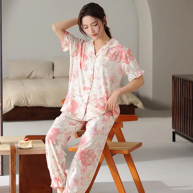 顶瓜瓜 国风灯笼短袖长裤大花休闲舒适家居服睡衣套装 女款