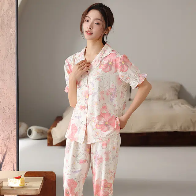 顶瓜瓜 国风灯笼短袖长裤大花休闲舒适家居服睡衣套装 女款