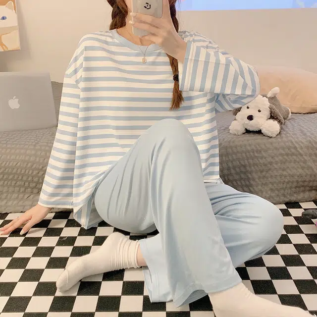 顶瓜瓜 圆领条纹简约舒适可外穿家居服睡衣套装 女款