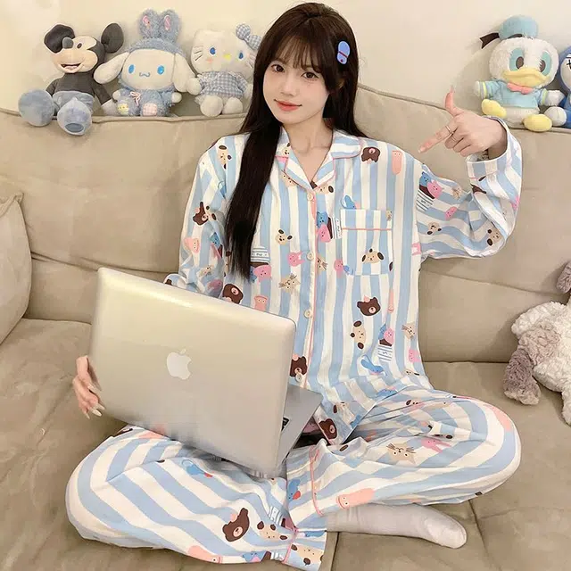 顶瓜瓜 条纹卡通动物翻领简约舒适亲肤透气面料可外穿家居服睡衣套装 女款