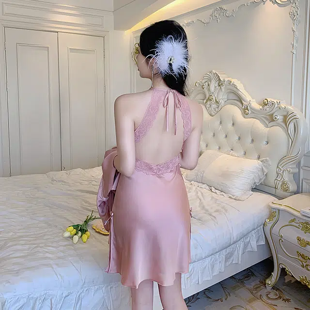 顶瓜瓜 粉色冰丝面料简约舒适带胸垫可外穿睡衣套装 女款