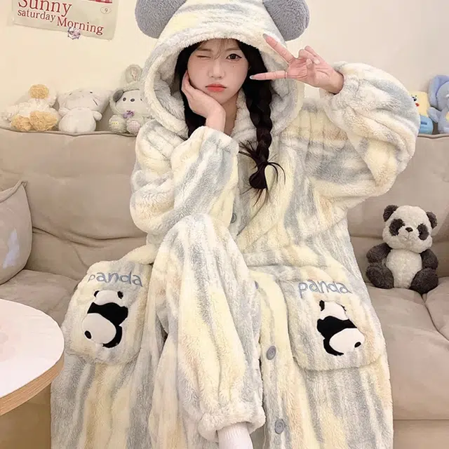 顶瓜瓜 珊瑚绒保暖加绒加厚长袖长裤连帽纯色条纹熊猫家居服冬季睡衣套装 女款