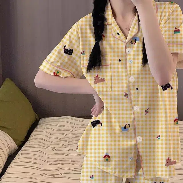 顶瓜瓜 简约格子图案翻领设计家居服睡衣礼盒 女款