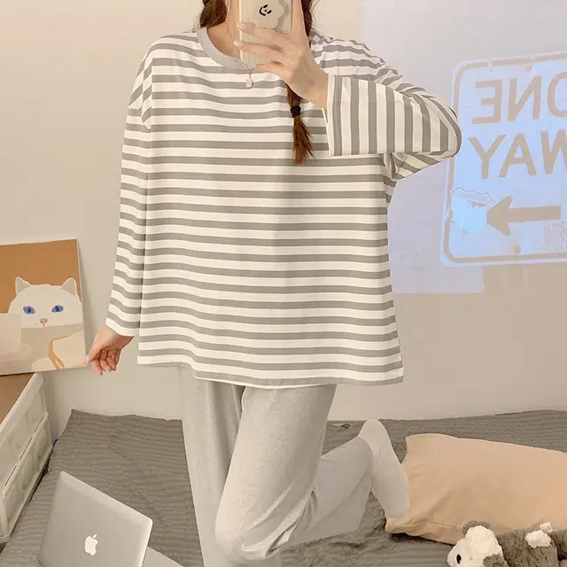 顶瓜瓜 圆领条纹图案设计简约舒适可外穿家居服睡衣套装 女款